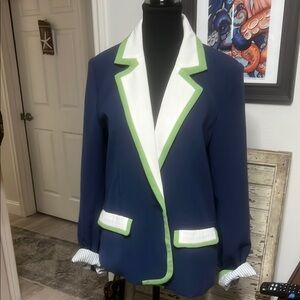 Maeve Blue and Green Tailored Blazer with Striking Trim